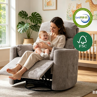 Oversized Swivel Rocker Recliner Chair with Heat and Massage, Rocking Chair with Adjustable Headrest, Manual Recliner, Glider Recliner with 2 Pillows, Chenille White