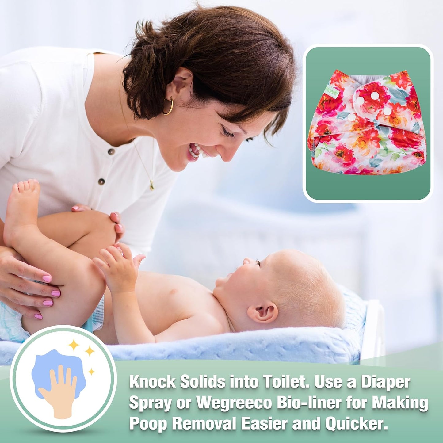wegreeco Cloth Diapers 6 Pack with 6 Inserts & 1 Wet Bag, Washable Cloth Diapers for Babies, One Size Adjustable Reusable (Flower)
