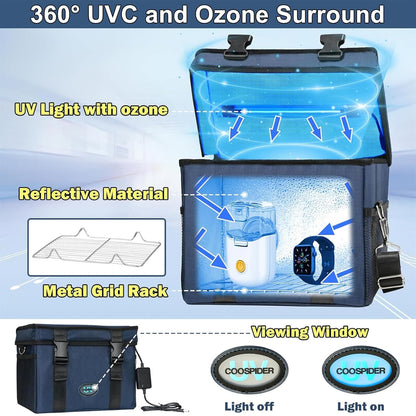 UVC Sanitizer Box Ozone Free with Timer, Portable Large Cleaner Bag with USB Port, UV Light Blue Tote for Mask, Cell Phone, Baby Bottle, Key, Towel 12L/3.17 gal