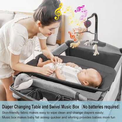 5-in-1 Pack and Play, Baby Bassinet Bedside Sleeper with U-Shaped Diaper Changer, Portable Toddler Playard for Newborn Toddlers, Baby Crib with 4 Adjustable Height, Carry Bag,Easy to Install (Grey)