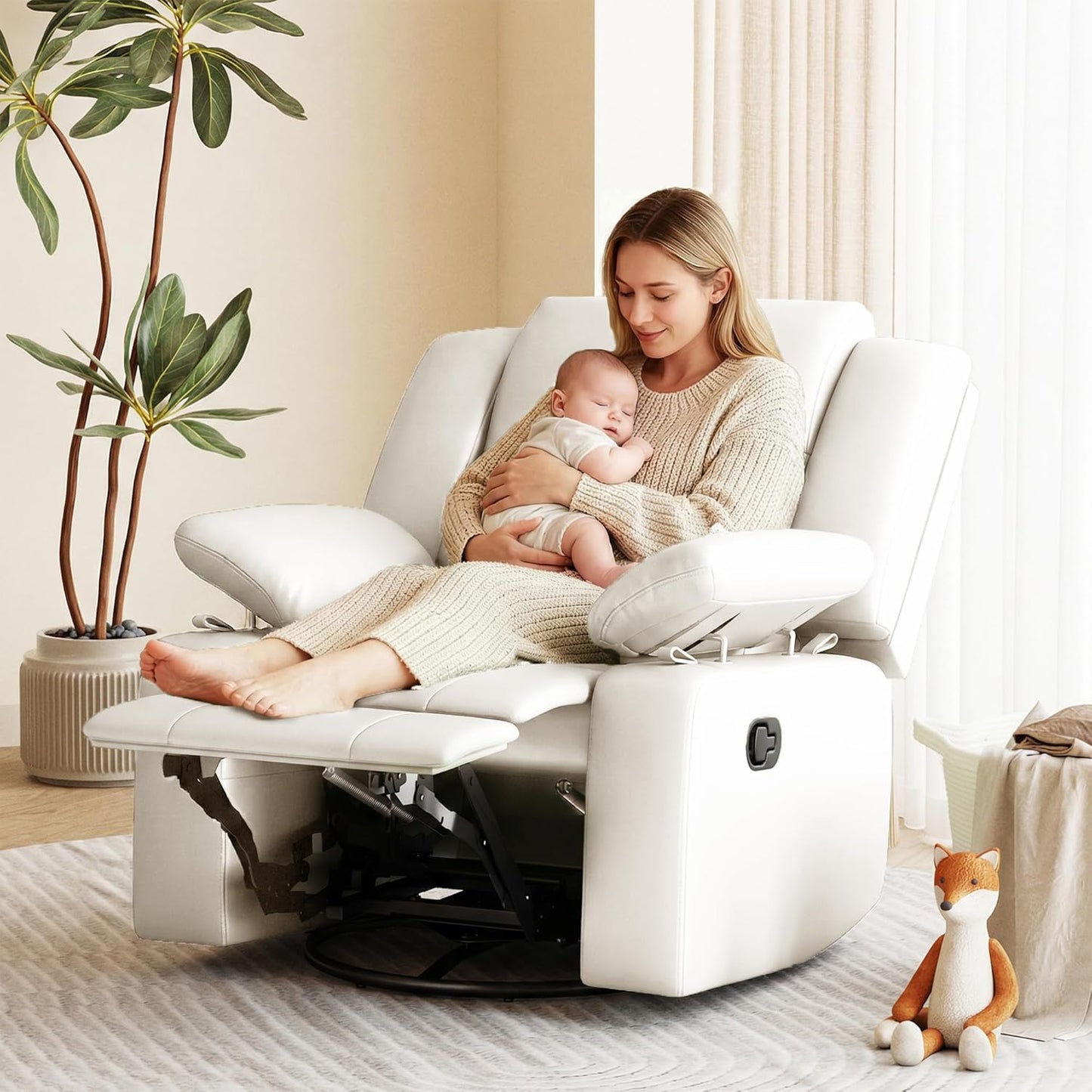 AILEEKISS Nursery Glider Recliner Chair with Adjustable Armrests, Swivel Rocking Recliner for Breastfeeding Moms, 360° Swivel, 30° Rocking, 90°-160° Recline, Easy-Clean Nursery Chair(White)