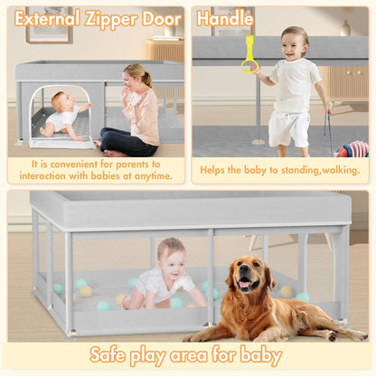 Omzer Baby Playpen with Mat 71"×59" - Extra Large Playpen for Babies and Toddlers with Mat Included, Safety Playard for Baby with Gate, All-Wrapped Soft Sponge Baby Gate Playpen with Stable Mat Velcro