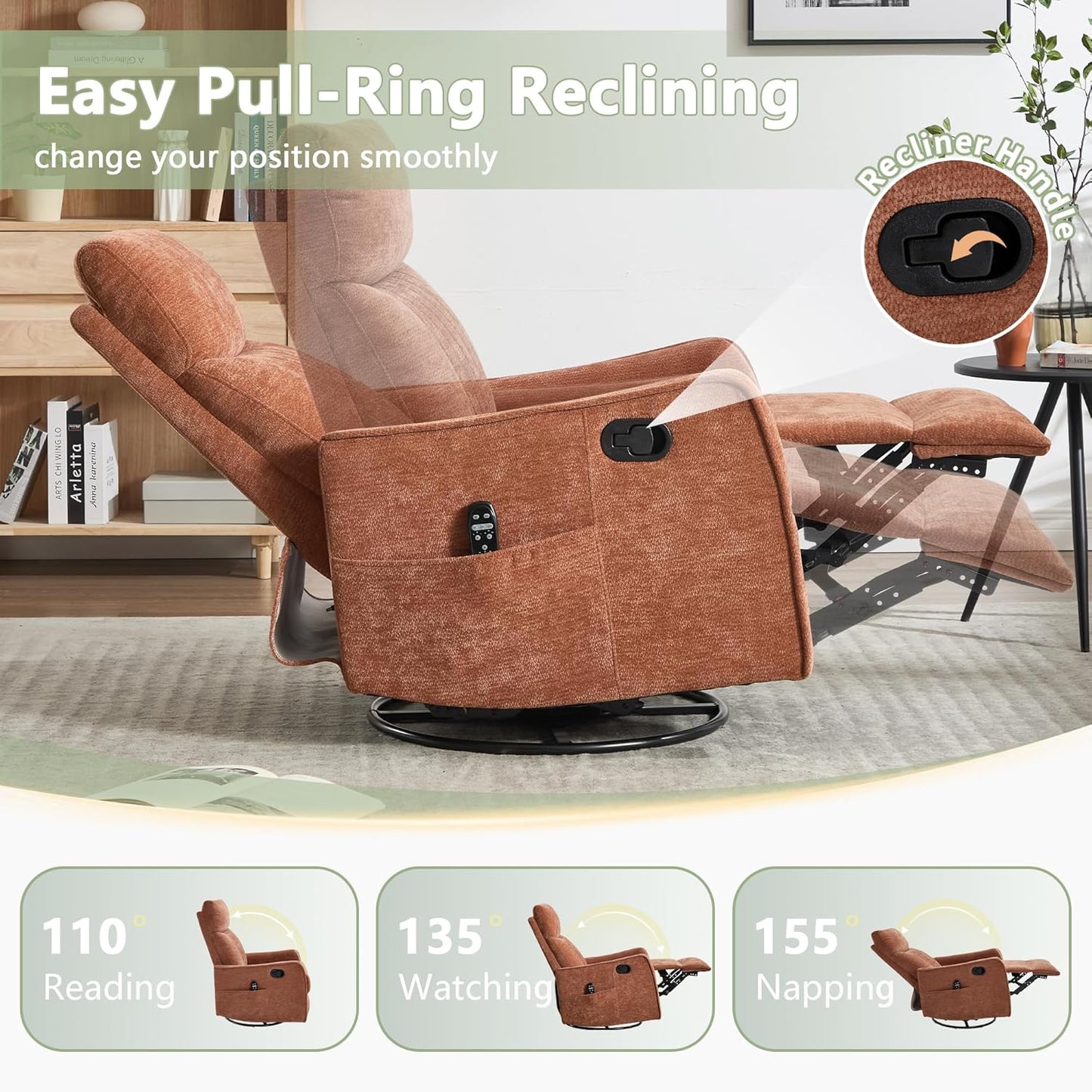 cinkehome Swivel Rocker Recliner, Glider Rocker Recliner Chair for Nursery, Manual Reclining Chair with Heated Massage, Small Spaces, Living Room, Khaki Chenille