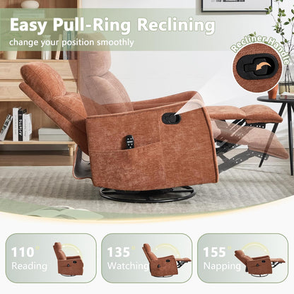 cinkehome Swivel Rocker Recliner, Glider Rocker Recliner Chair for Nursery, Manual Reclining Chair with Heated Massage, Small Spaces, Living Room, Khaki Chenille