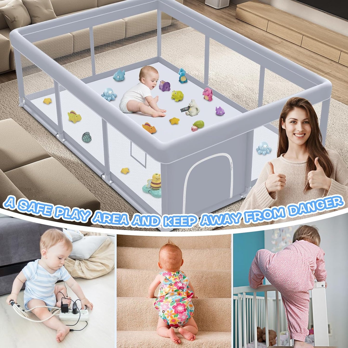 XVISHX Baby Playpen 50 x 50 Inch Play Pen Playards, Playpen for Babies and Toddlers, Baby Playard for Indoor & Outdoor Active Center Game Fence, with Skin-Friendly Fabric and Soft Breathable Mesh Grey