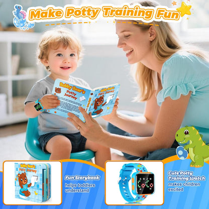 Potty Training Watch and Board Book for Kids: Water Resistant Potty Watches for Toddler Boys Rechargeable Toilet Reminder Dinosaur Toddler Watch 1-3 Birthday Gifts for 2 3 4 Year Old Boy (Blue)