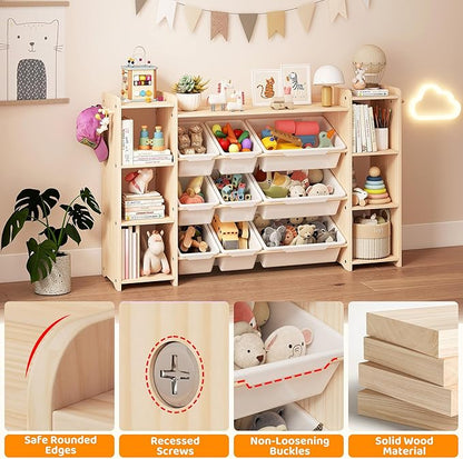 GITAWUSA Toy Storage Organizer, Kids Bookshelf with 6 Shelves, 9 Toy Bins & 6 Hooks | Toy Shelf, Storage Bin Unit, Toy Organization for Playroom, Nursery, Bedroom, Toddler Room | Wood & White