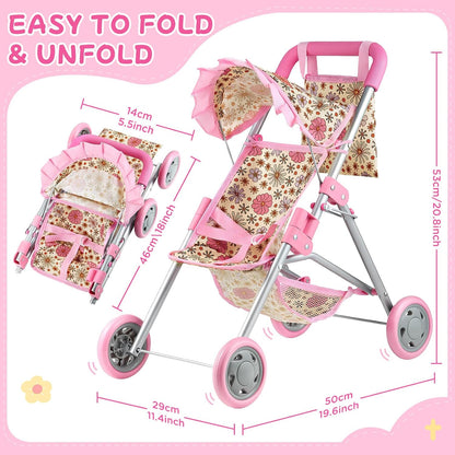 GAGAKU Baby Doll Stroller for Toddlers, Foldable Toy Stroller with Storage Basket and Bag, Diapers - Reborn Doll Accessories for Girls & Kids Ages 3+, Pink
