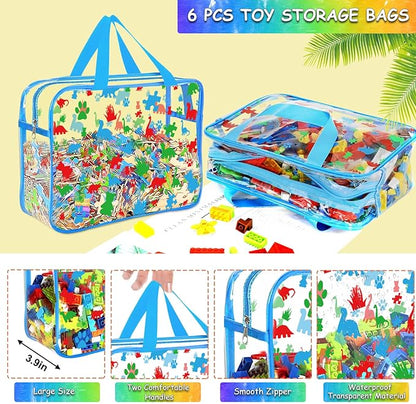 6 Packs Large Toy Storage Bags with Labels, Reusable Clear PVC Storage Bag, Travel Waterproof Organizer Bags (Blue-cute pattern)