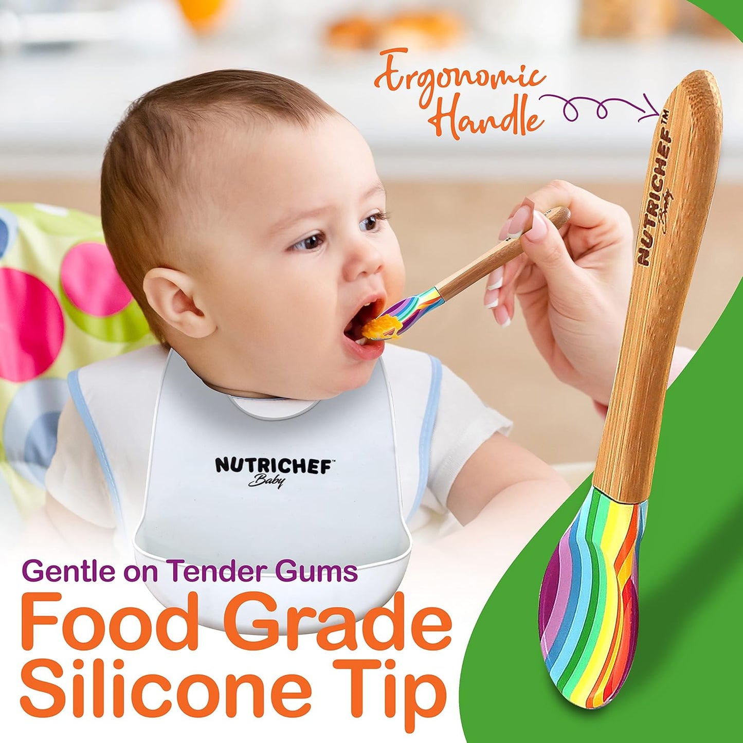 NutriChef Baby and Toddler, 3 compartment plate, bowl, and spoon feeding set- silicone suction, Non-toxic all natural Bamboo baby food plate with silicone bib (Rainbow), Small