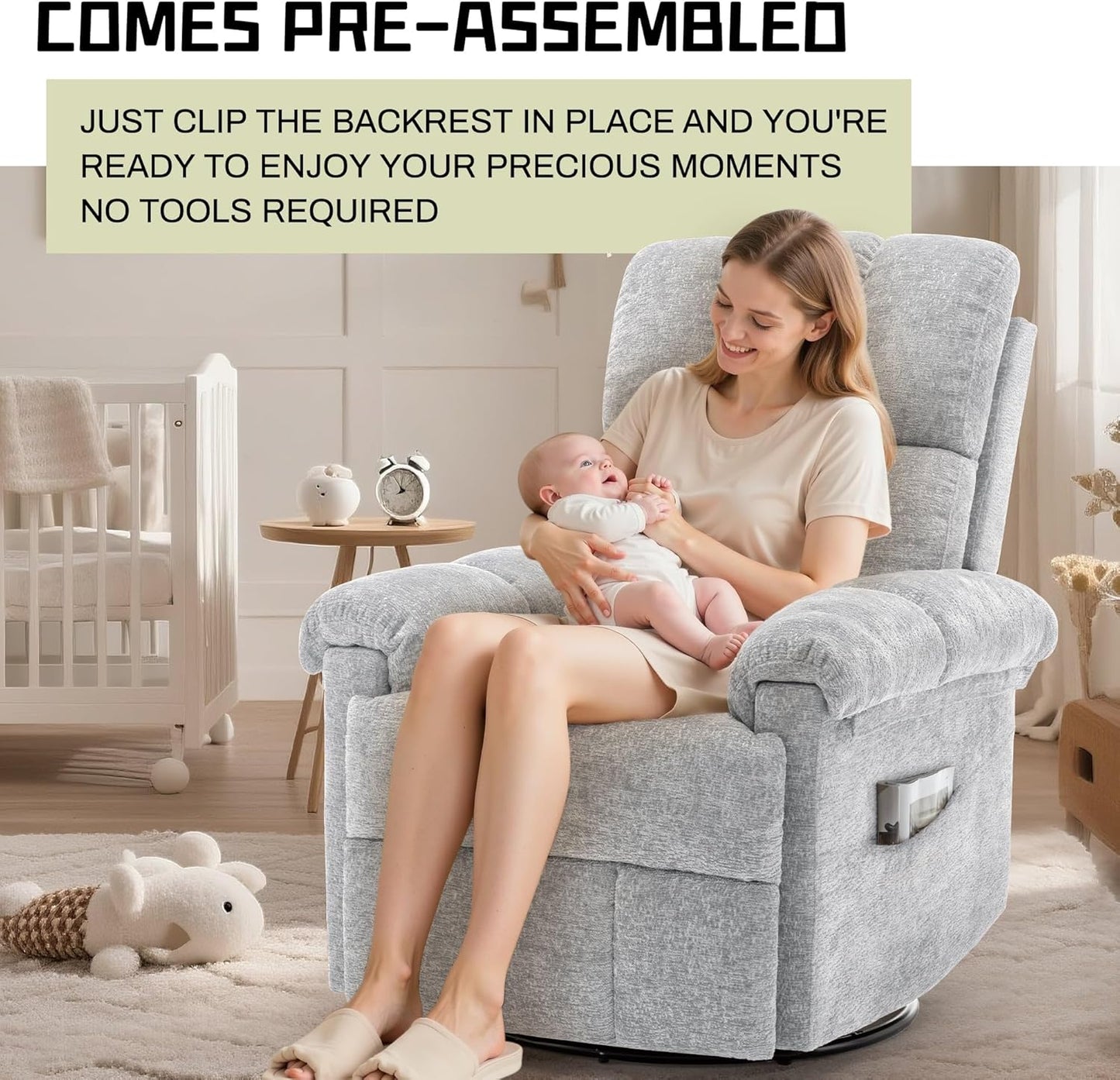 Korser Recliner Chair, Swivel Rocker Recliner Chair for Adults, Small Recliners for Small Spaces, Upholstered Manual Recliner with Side Pockets, Nursery Rocking Chair for Living Room, Chenille, Beige
