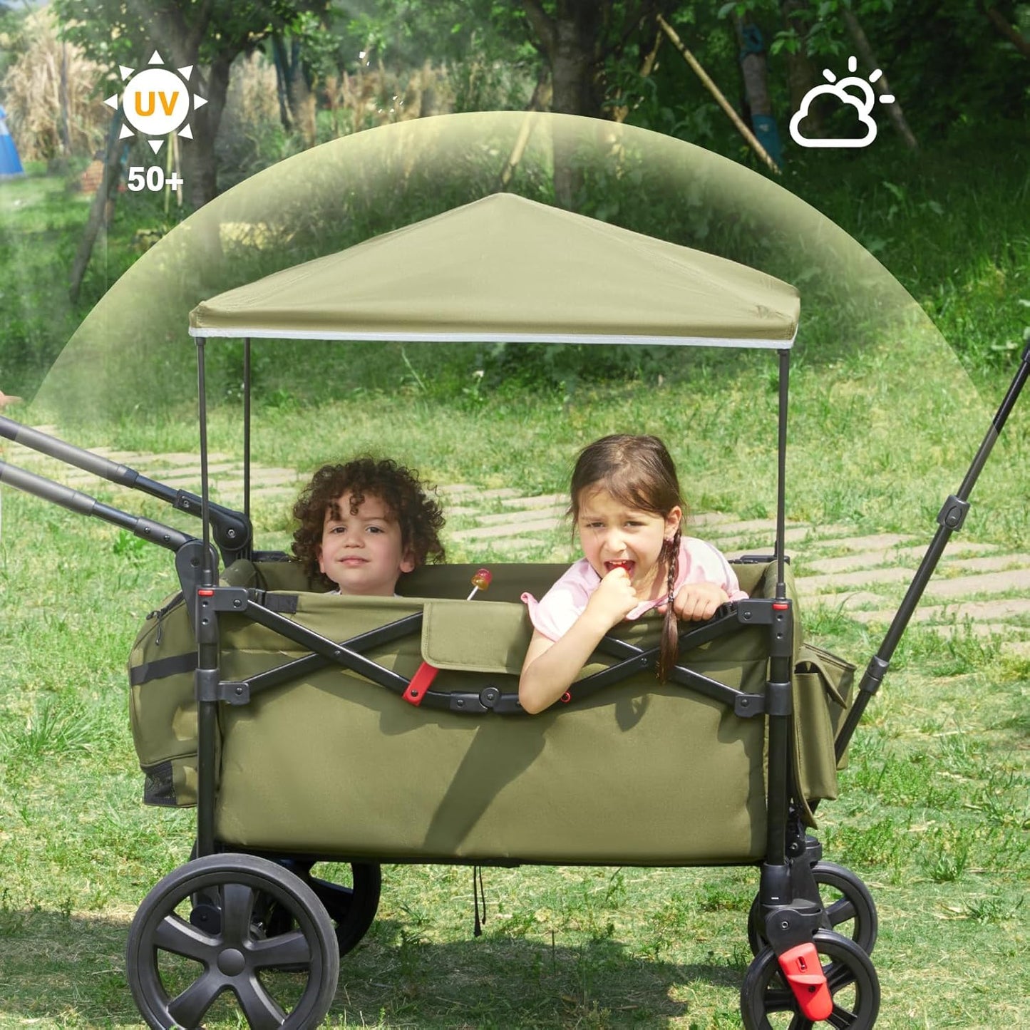 EVER ADVANCED Wagon Stroller for 2 Kids, Compact One-Step Fold Stroller Wagon with Adjustable Push/Pull Handles, Folding Wagon for Travel, Park & Beach, Includes Removable UV Canopy, Blue
