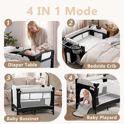 Kinder King 4 in 1 Portable Baby Playard, Foldable Baby Bedside Crib w/Bassinet, Infant Pack and Play Playard Toddler Large Playpen, Newborn Changing Table, Storage Basket, Grey