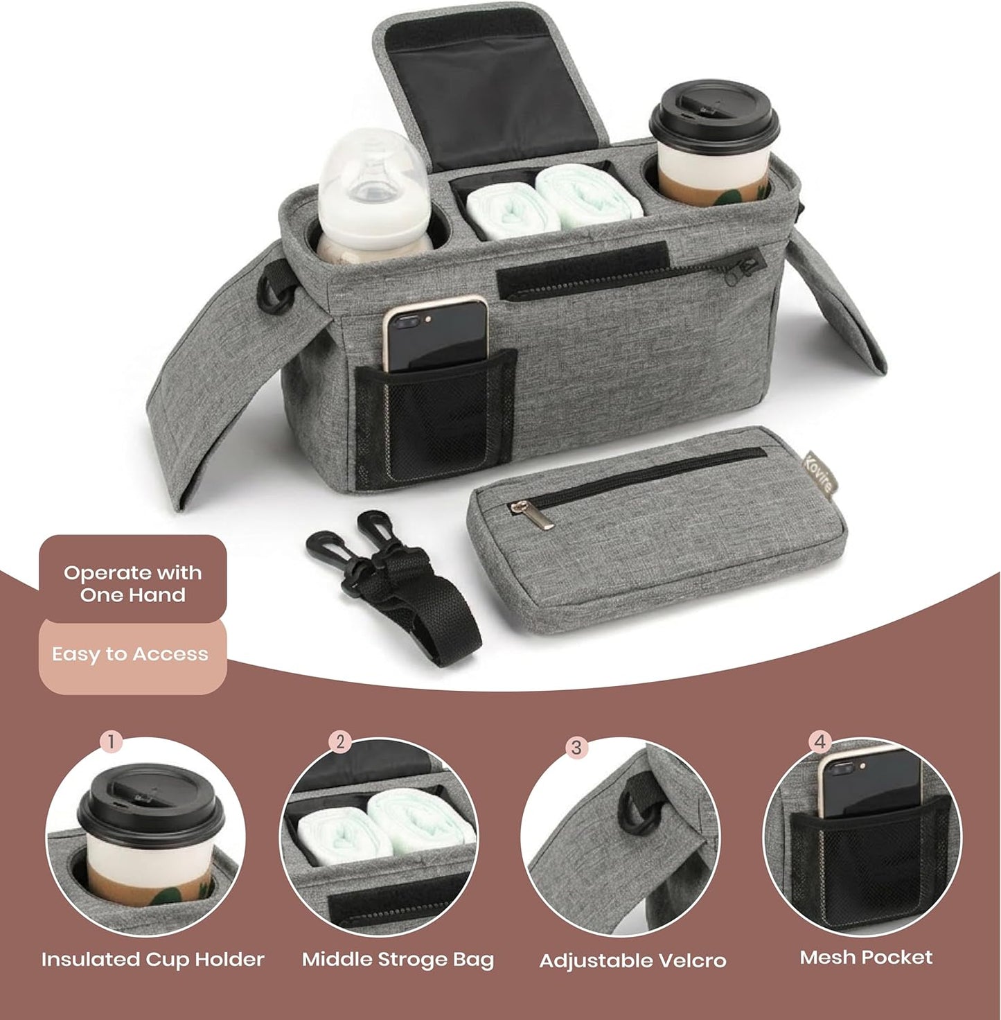 Black Universal Stroller Organizer with 2 Insulated Cup Holders, 3-in-1 Stroller Caddy with Detachable Phone Bag & Non-Slip Shoulder Strap, Fits Uppababy, Nuna, Doona, Baby Essentials