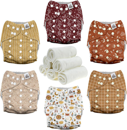 Mama Koala 3.0 Pocket Cloth Diapers for Babies with AWJ Lining, 6 Pack with 6 4-Layer Natural Cloth Diaper Inserts - Reusable and Washable Pocket Diapers(Hardworking Bees) - Colors A