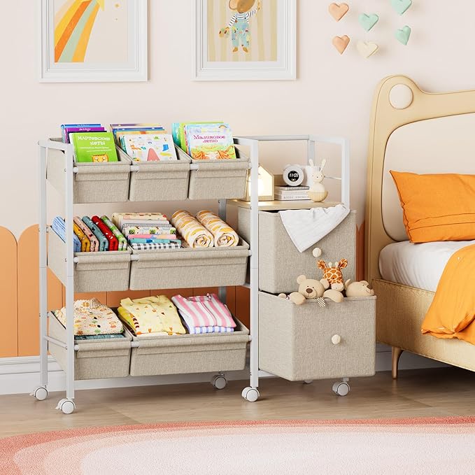 Modanais Kids Toy Organizers and Storage Bins - 7 Storage Bins + 2 Fabric Drawers + 1 Bookshelf, Playroom Storage, Mobile Cart Organizer for Toy, Clothes, Blankets and Books - Off White