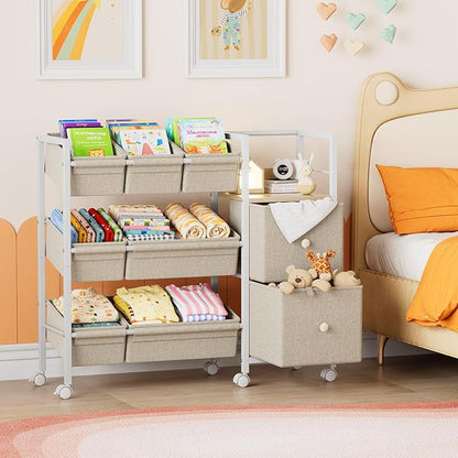 Modanais Kids Toy Organizers and Storage Bins - 7 Storage Bins + 2 Fabric Drawers + 1 Bookshelf, Playroom Storage, Mobile Cart Organizer for Toy, Clothes, Blankets and Books - Off White