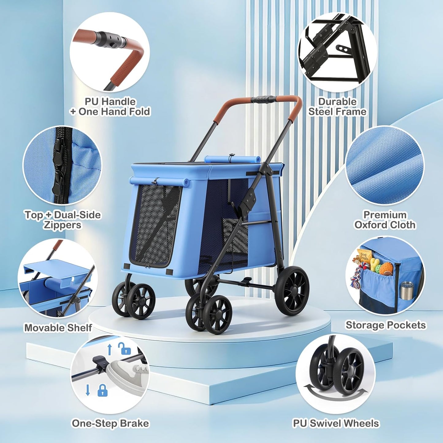 MoNiBloom Large Pet Stroller with Anti-Slip Ramp, Heavy Duty Dog Stroller Up to 99lb, Safe & Gentle Mobility Aid, All-Terrain Wheels, Idea for Injured, Disabled, & Senior Dog
