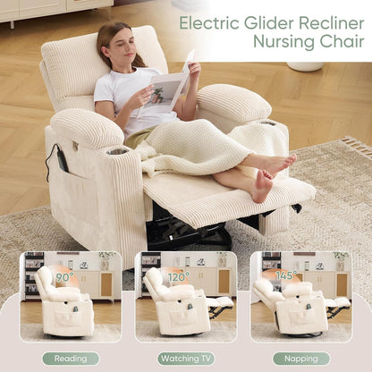 Rocking Chair Nursery with Adjustable Armrest for Breastfeeding, Glider Recliner Nursery Chair with Massage and Heat, Power Swivel Rocker Recliner with Adjustable Headrest, Corduroy, Beige