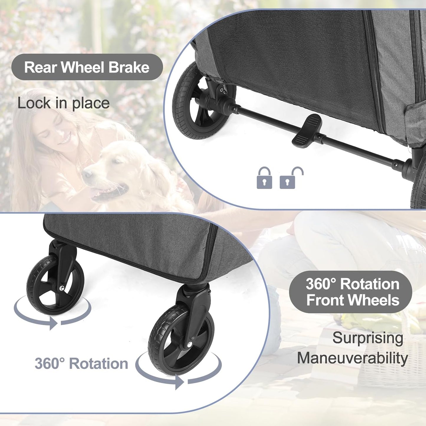 Large Dog Travel Stroller with 4 Heavy Duty Wheels Pet Stroller with Adjustable Handle - Double Doggie Capacity Jogger Wagon with Back Front Door for Small Medium Large Dogs (Dark Light Gray)