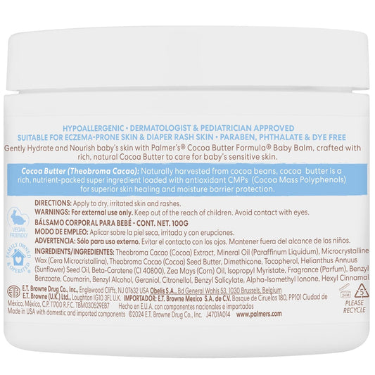 Palmer's Baby Balm, Cocoa Butter Formula Hydrating Baby Cream, 3.5 Oz, Nourishing Dry Skin, Eczema, Cradle Cap & Diaper Rash Cream, Hypoallergenic, 48Hr Moisture, Dermatologist Tested Essentials