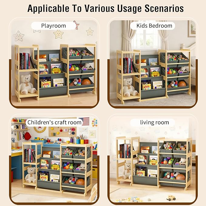 Kids Bookshelf and Toy Storage Organizer with 3-Tier Book Display and Shelves, Kids Toy Organizers and Storage with Bins, Book Shelf for Kids Rooms, Playroom Decor for Toddler Bedroom Nursery