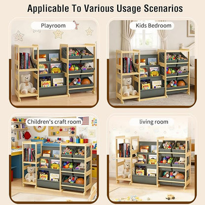 Kids Bookshelf and Toy Storage Organizer with 3-Tier Book Display and Shelves, Kids Toy Organizers and Storage with Bins, Book Shelf for Kids Rooms, Playroom Decor for Toddler Bedroom Nursery