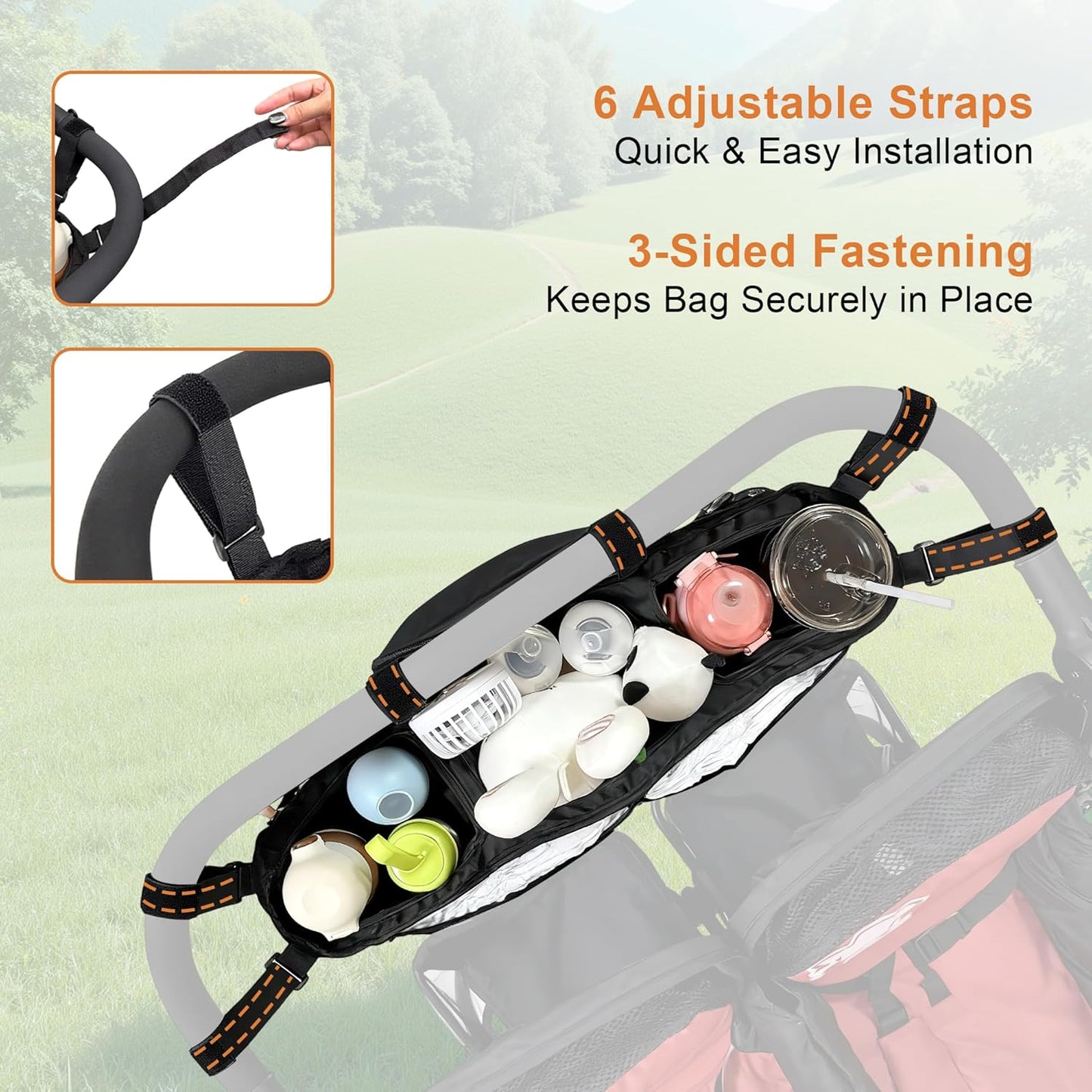 Double Stroller Organizer for Bob Duallie and Baby Jogger City Mini GT2, Double Jogging Stroller Caddy with 2 Insulated Cooler Pockets & Detachable Bag