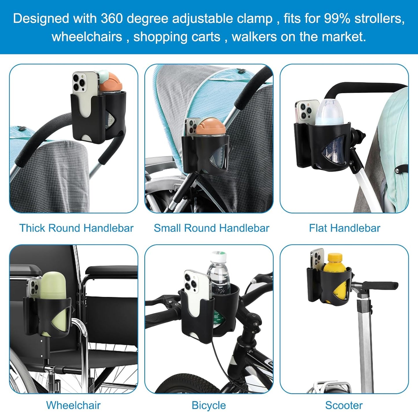 Accmor Universal Cup Holder, Stroller Cup Holder with Phone Holder, 360° Rotatable Large Caliber Designed Bottle Holder for Stroller, Bike, Wheelchair, Walker, Scooter