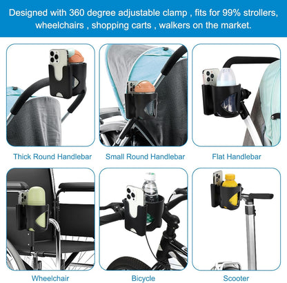 Accmor Universal Cup Holder, Stroller Cup Holder with Phone Holder, 360° Rotatable Large Caliber Designed Bottle Holder for Stroller, Bike, Wheelchair, Walker, Scooter