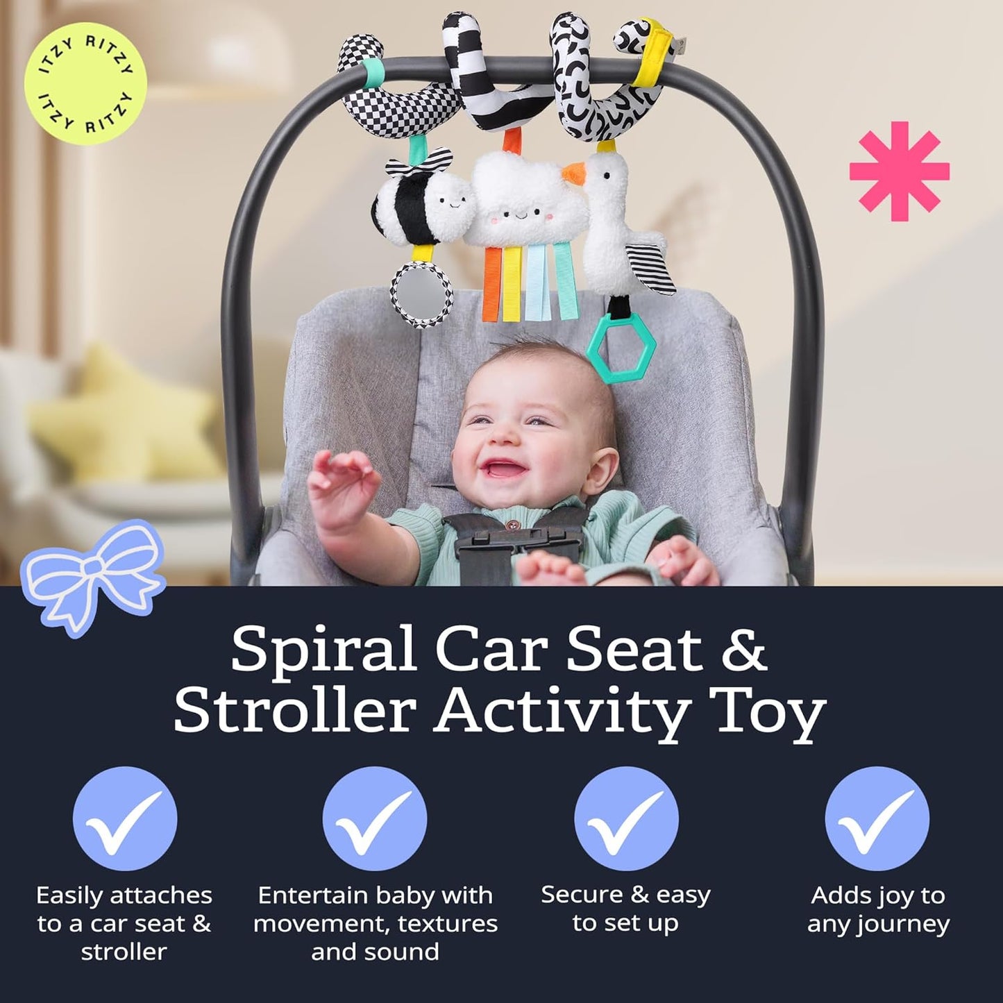 Itzy Ritzy Spiral Car Seat & Stroller Activity Toy - Stroller & Car Seat Toys for Ages 0 Months and Up - Hanging Toys Include Dangling Ring, Mirror and Textured Ribbons (Veggie)