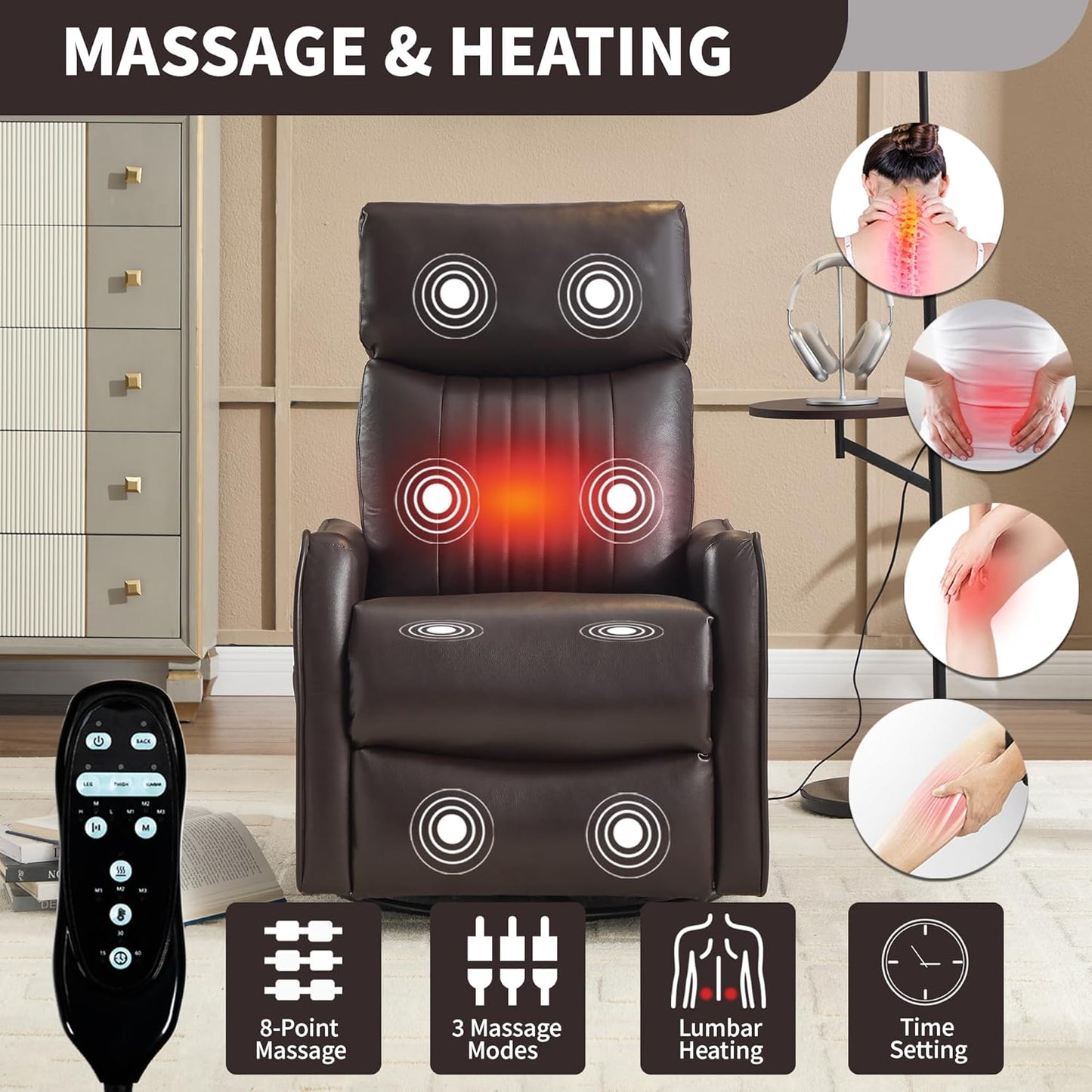 Swivel Rocker Recliner Chair for Adults, Nursery Rocking Chair with Heat and Massage, Glider Reclining Chair for Small Space Living Room Bedroom, Faux Leather Black