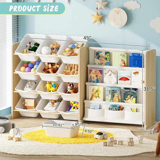EXPERLAM Kids Toy Storage Organizer - Toy Organizer with Bookshelf, Toy Storage with 12 Toy White Bins and 4 Book Shelves, Toy Organizers and Storage for Playroom, Nursery, Kids Room, Burlywood