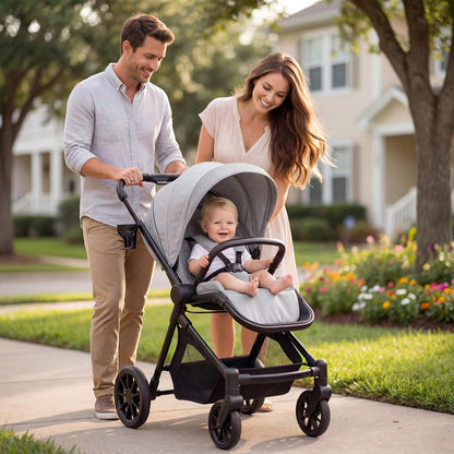 Lightweight High-View Baby Stroller, One-Hand Fold & Compact Storage, Convertible Seat, 5-Point Safety Harness, Foldable Infant Stroller, Grey