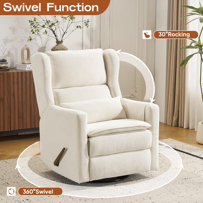 Power Recliner Chair Swivel Glider with Adjustable Headrest，Oversized Swivel Rocker Recliner with Lumbar Support, Upholstered Nursery Glider Recliner for Living Room,White
