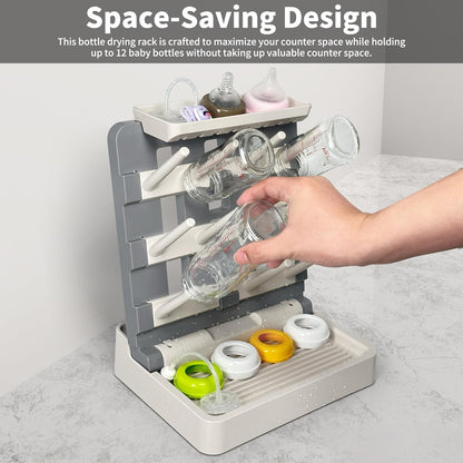 Baby Bottle Drying Rack, Vertical Standing Bottle Dryer Rack Holder-Space Saving Baby Bottle Drying Rack for Countertop-Holds Up to 12 Baby Bottles & Cup(Gray & Khaki)