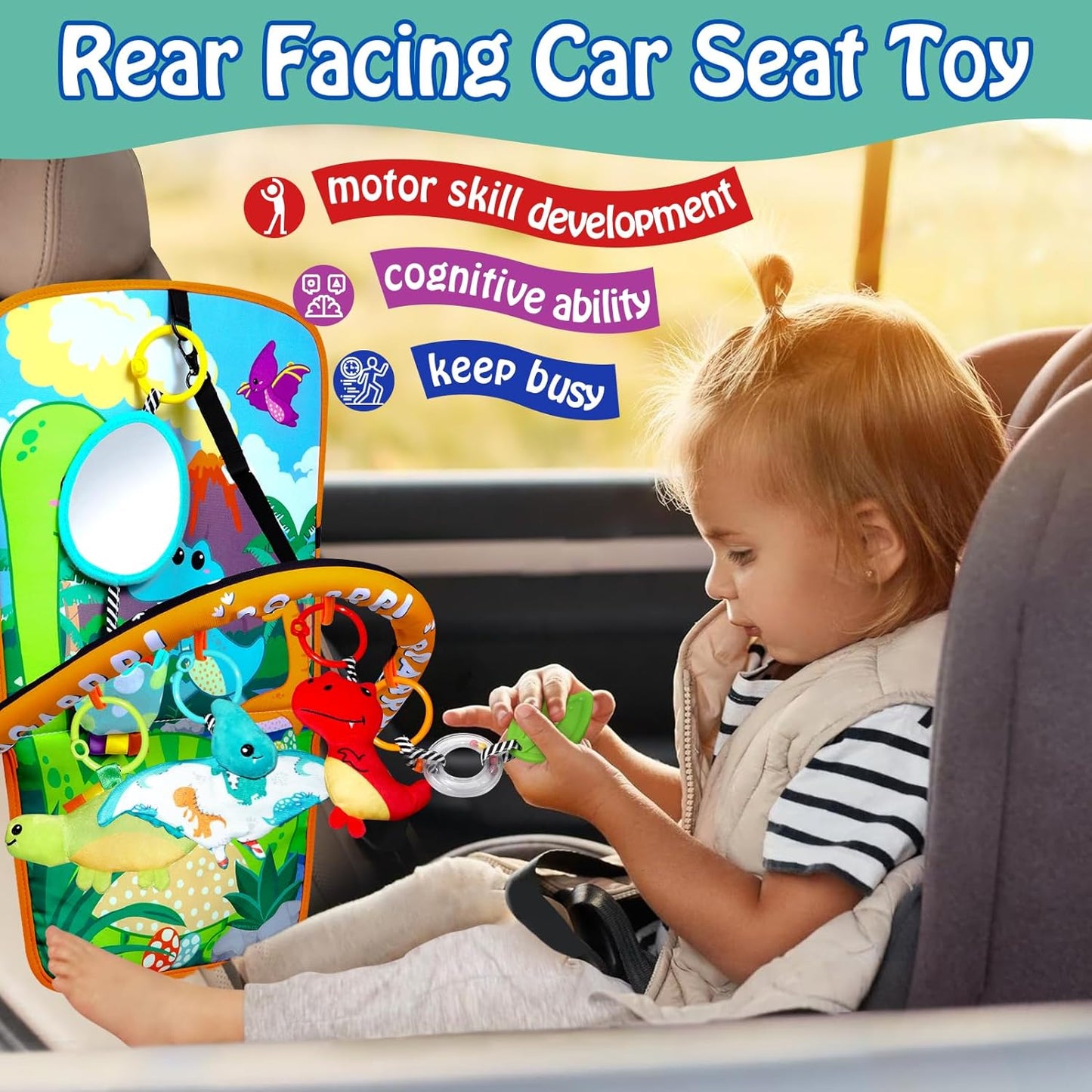Baby Car Seat Dinosaurs Toys - Kick and Play Double Sided Infant Car Seat Toys with Plush Toys, Mirror, Teether for Baby, Babys Travel Activities, Christmas Birthday Gifts Newborn Infant Toys