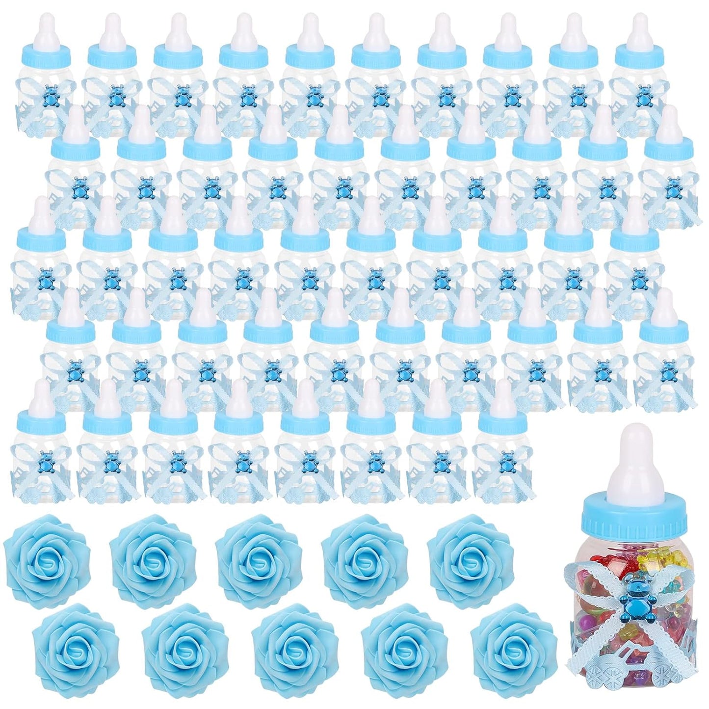 MACTING 2 Dozens 3.5 Inch Feeding Bottle Candy Box with 5 Pcs Artificial Flower Rose for Baby Shower Favor Gift Decoration (Pink)