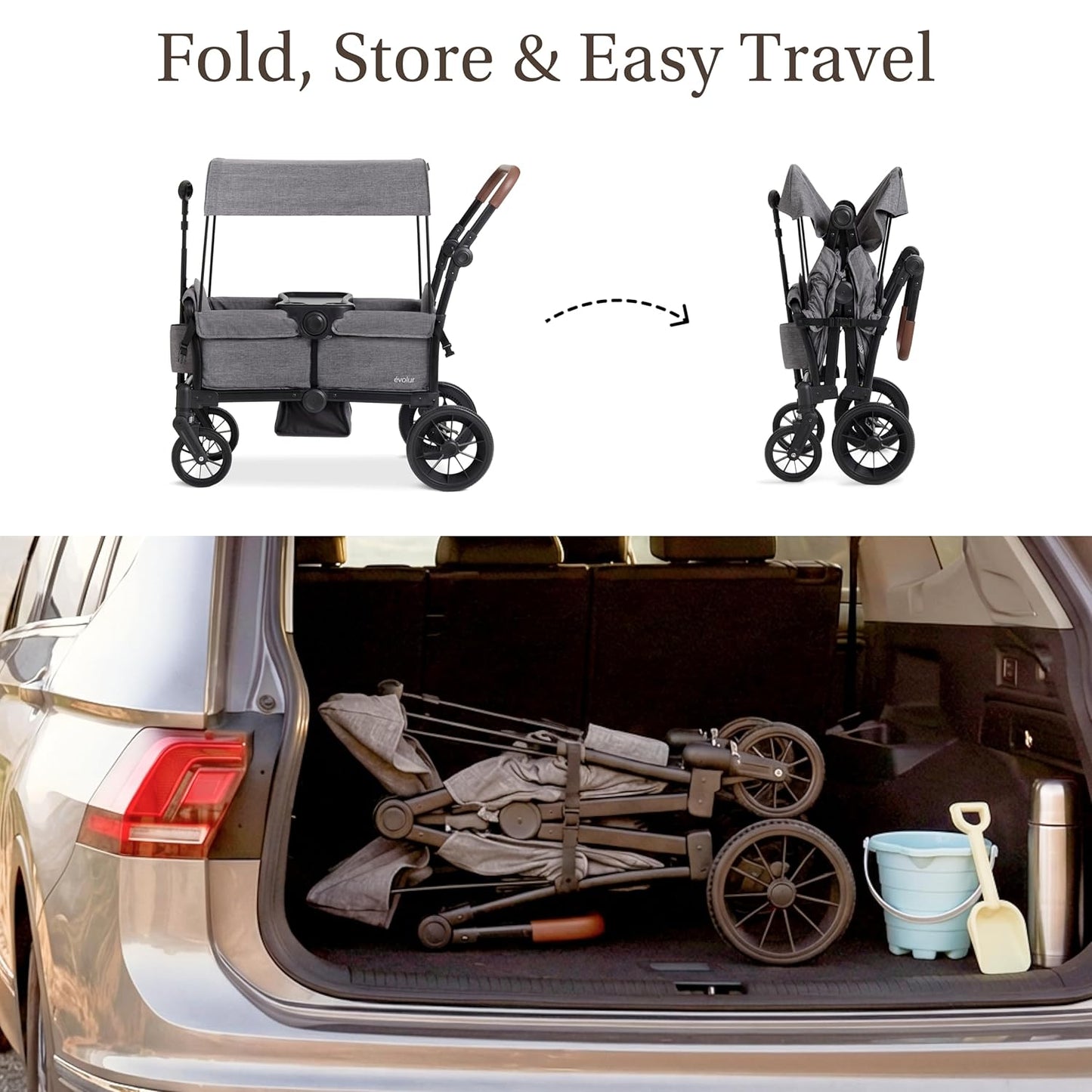 Evolur Velo Rider Travel Stroller – Compact, Lightweight Umbrella Stroller for Toddlers 6–36 Months, One-Hand Fold, Footrest, Rear Platform, 5-Point Harness, Portable & Travel-Friendly