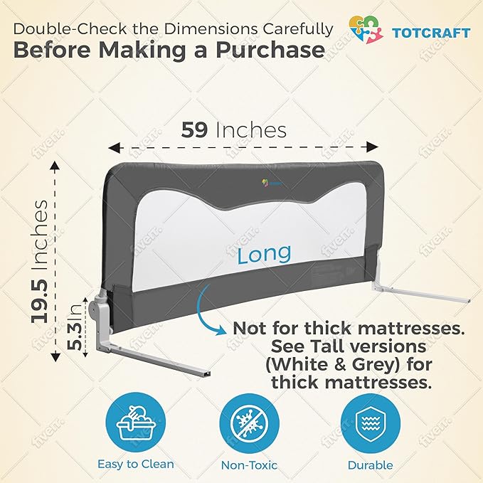 TotCraft Bed/Crib Safety Guard Rail, Extra Long for Toddlers, Infants, Kids, Children for Twin, Full Size, Queen &King Mattress, Grey (59L19.5H) in