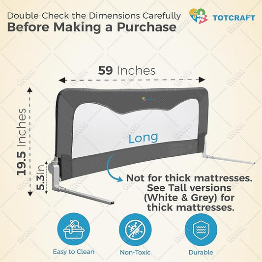 TotCraft Bed/Crib Safety Guard Rail, Extra Long for Toddlers, Infants, Kids, Children for Twin, Full Size, Queen &King Mattress, Grey (59L19.5H) in