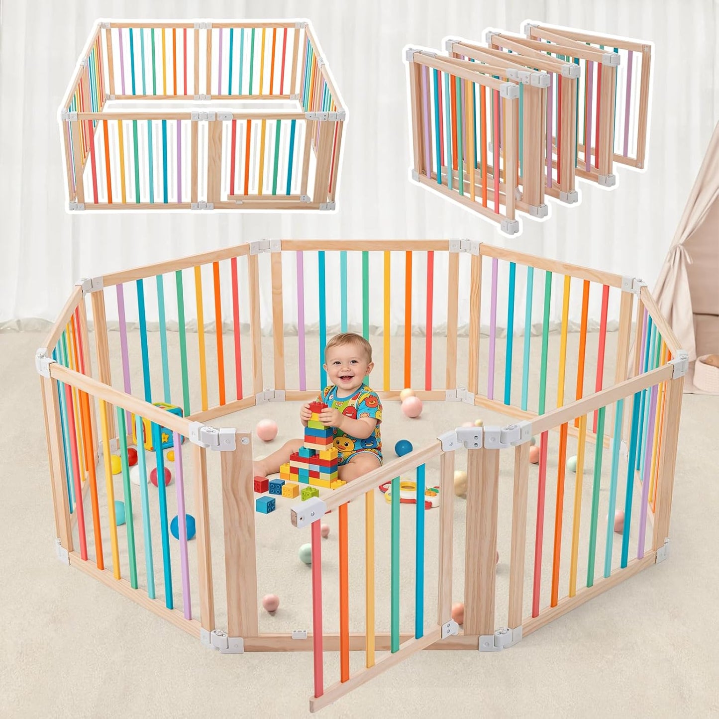 Foldable Wooden Playpen-51x51x25in-Large Baby Gate Playpen with Child-Proof Lock-Easy Assembly, Portable Design for Babies & Toddlers- Shape& Size Adjustable Baby Fence Play Area (Wood, 6 Panel)