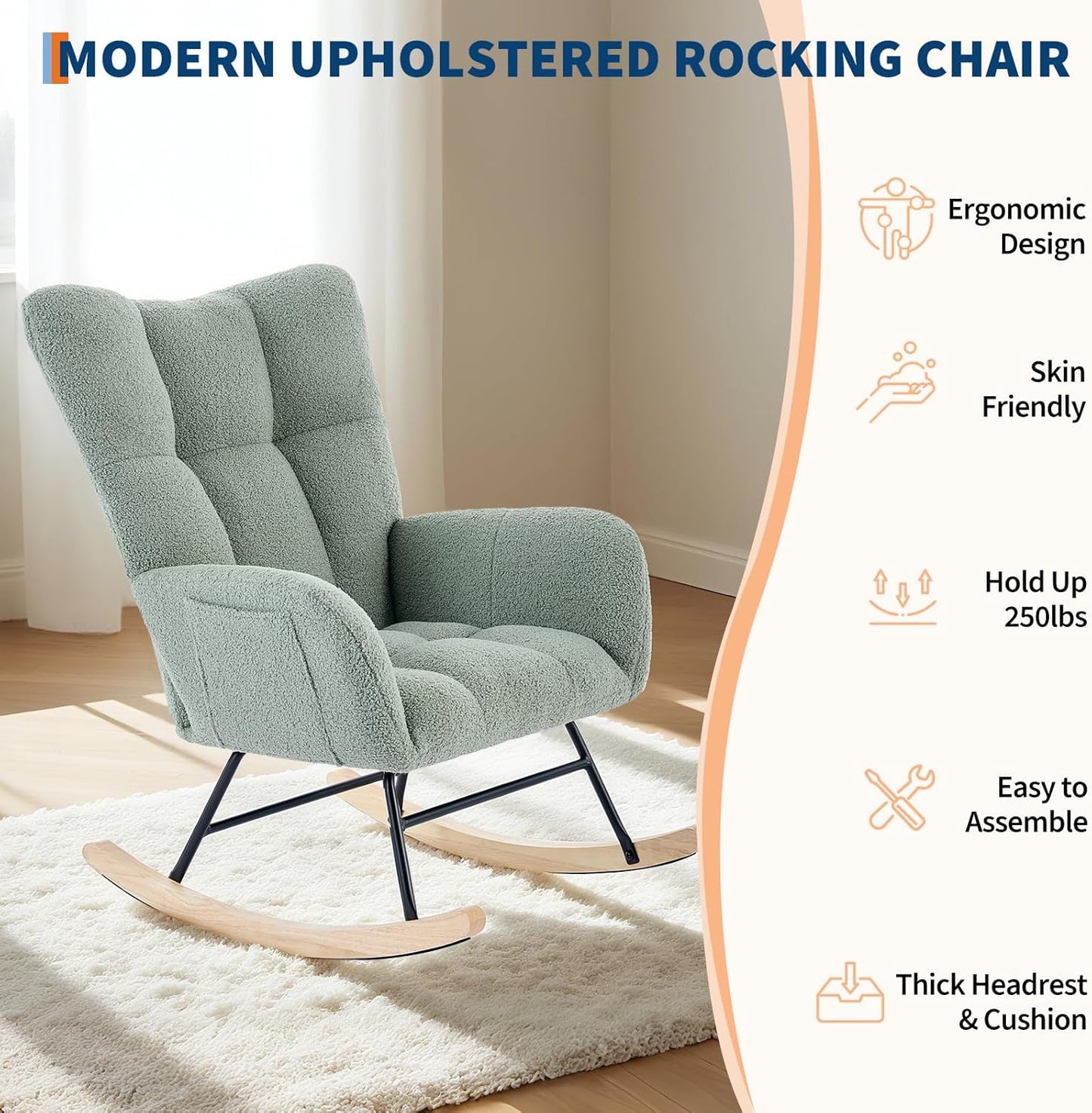 Garvee Teddy Fleece Nursery Rocking Chair,Upholstered Baby Glider Rocker with Soft Seat and High Backrest,Modern 300 Lbs Weight Capacity Accent Recliner for Living Room, Bedroom