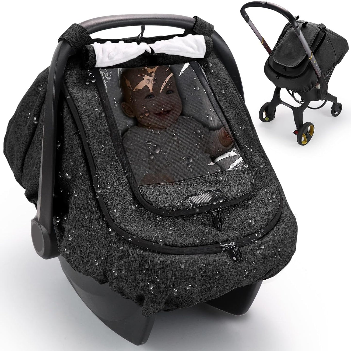 TinlyFinly Waterproof Car Seat Cover for Baby, 2-Layer Car Seat Rain Cover with Clear Window & Sunshade & Mesh Cover, Universal Infant Carseat Canopy for Stroller, Protect from Rain and Snow - Gray