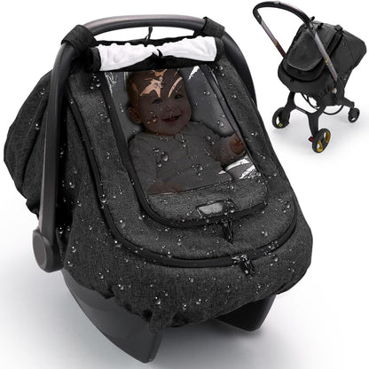 TinlyFinly Waterproof Car Seat Cover for Baby, 2-Layer Car Seat Rain Cover with Clear Window & Sunshade & Mesh Cover, Universal Infant Carseat Canopy for Stroller, Protect from Rain and Snow - Gray