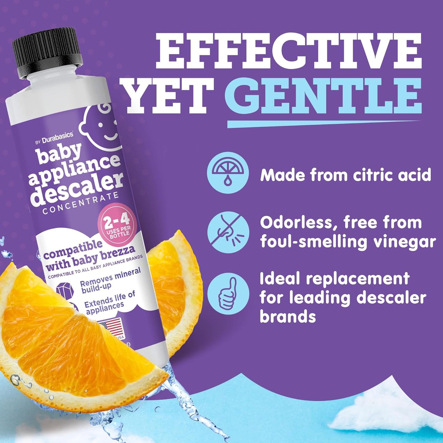 Durabasics [2 Pack] Baby Bottle Sterilizer Descaler – Compatible with Baby Brezza Sterilizers – Citric Acid Formula, Odorless, Helps Remove Mineral Buildup – Made in USA – 16oz