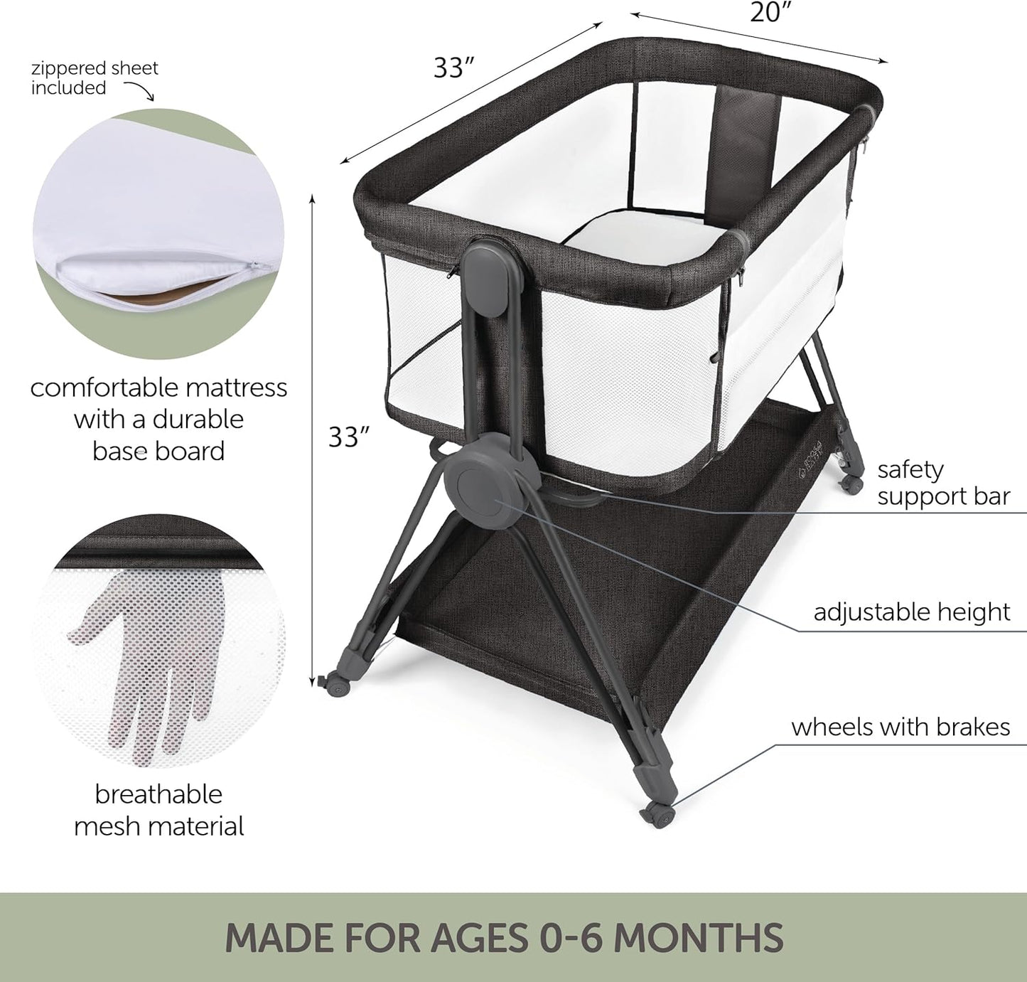 KOOLABABY Baby Bedside Sleeper - Bassinet & Bedside Crib with Height Adjustment & Wheels - Can Be Placed Next to Bed - Attaches to Parents Bed - Easy to Fold & Carry Bassinet for Girls (Pink)