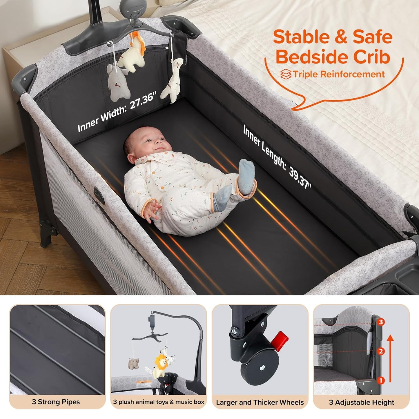 ELEMARA Wide Baby Bassinet Bedside with Diaper Changer,Long Next to Bed Crib with Mattress,Sheet,Music, Playpen Travel Bed with Storage (3 in 1 Baby Bassinet, 3 in 1 Full)