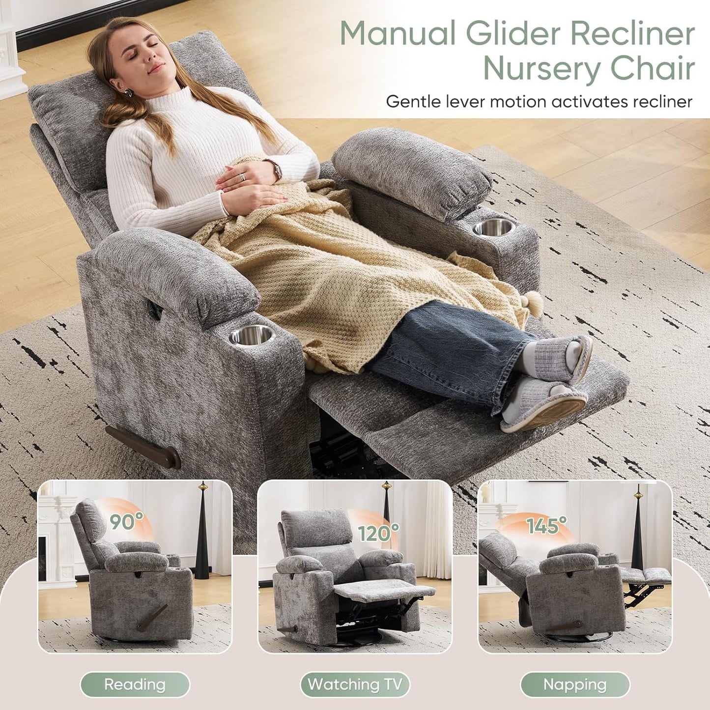 Rocking Chair Nursery with Adjustable Armrest for Breastfeeding, Glider Recliner Nursery Chair with Massage and Heat, Power Swivel Rocker Recliner with Adjustable Headrest, Corduroy, Beige