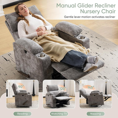 Rocking Chair Nursery with Adjustable Armrest for Breastfeeding, Glider Recliner Nursery Chair with Massage and Heat, Power Swivel Rocker Recliner with Adjustable Headrest, Corduroy, Beige